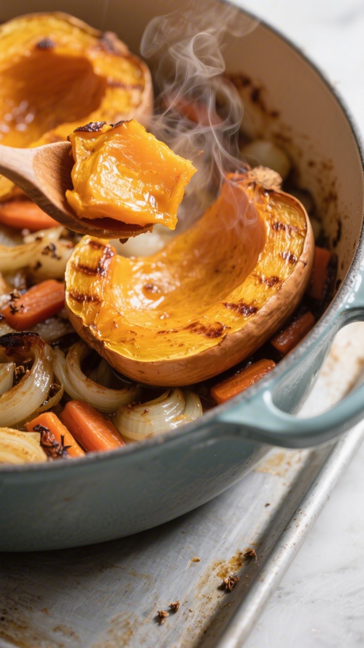 Cooking process, close-up detail: Close-up of caramelized roasted butternut squash halves just out o