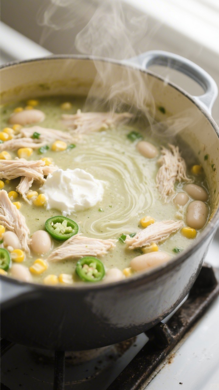 Cooking process, close-up detail: Close-up of white chicken chili simmering in a Dutch oven, showing