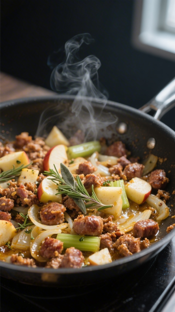 Cooking process, close-up detail: Golden-browned pork sausage crumbles sizzling with softened onions