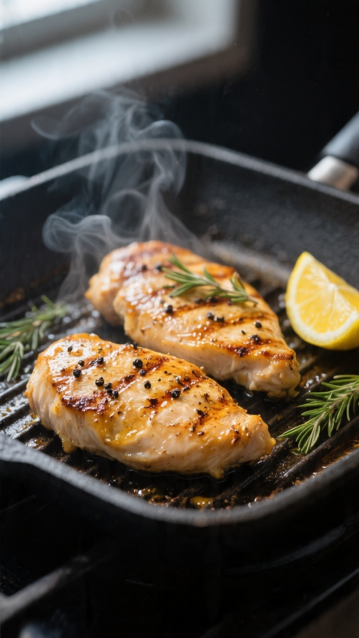 Cooking process, close-up detail: Lemon-herb grilled chicken cutlets sizzling on a hot grill pan, go