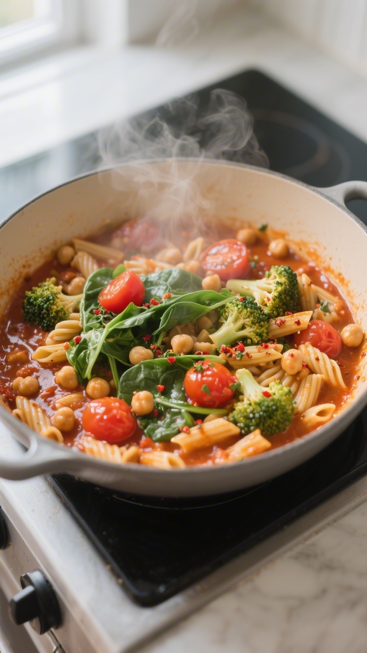 Cooking process, close-up detail: One-pot vegan pasta simmering in a wide, shallow pot, overhead-ang