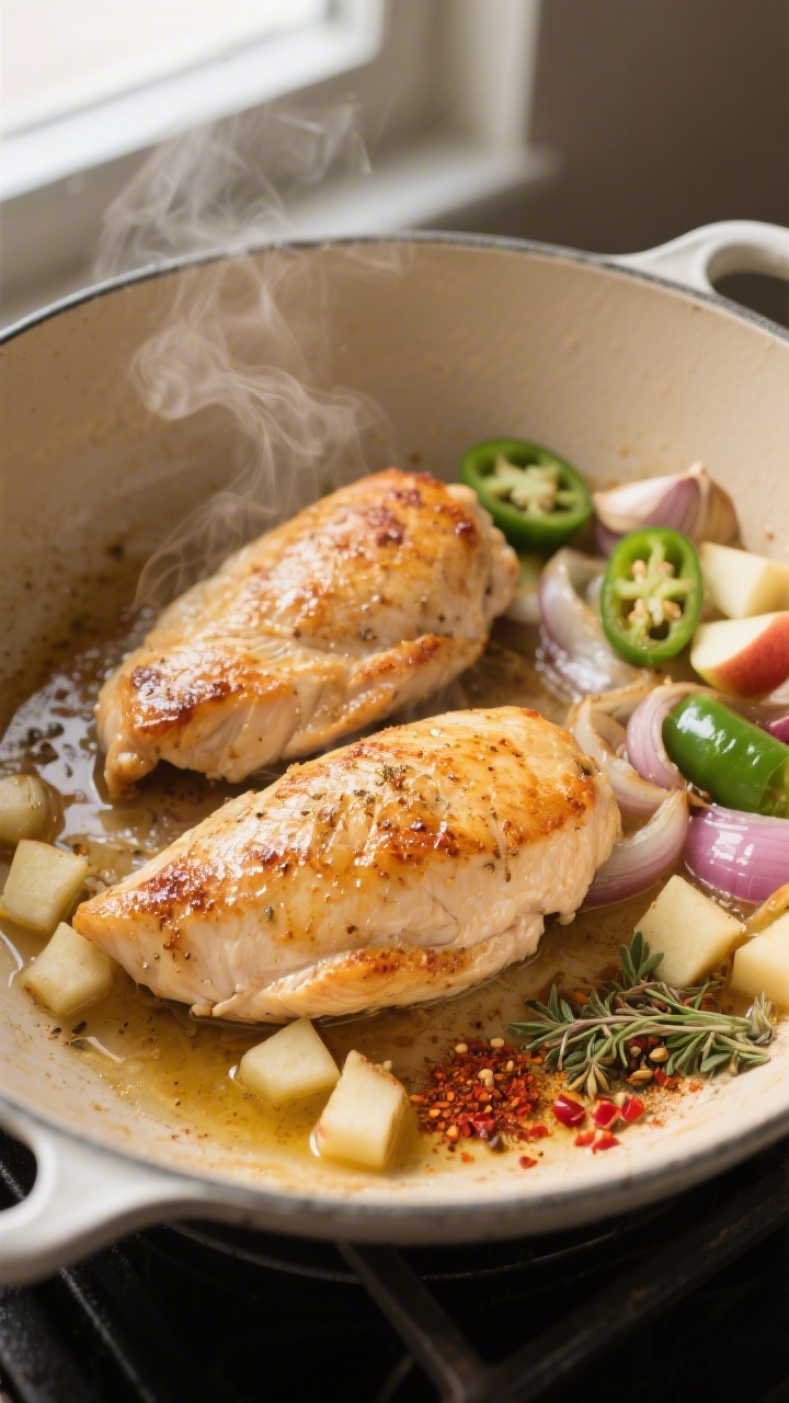 Cooking process, close-up detail: Searing chicken breasts in a Dutch oven, golden-browned edges with