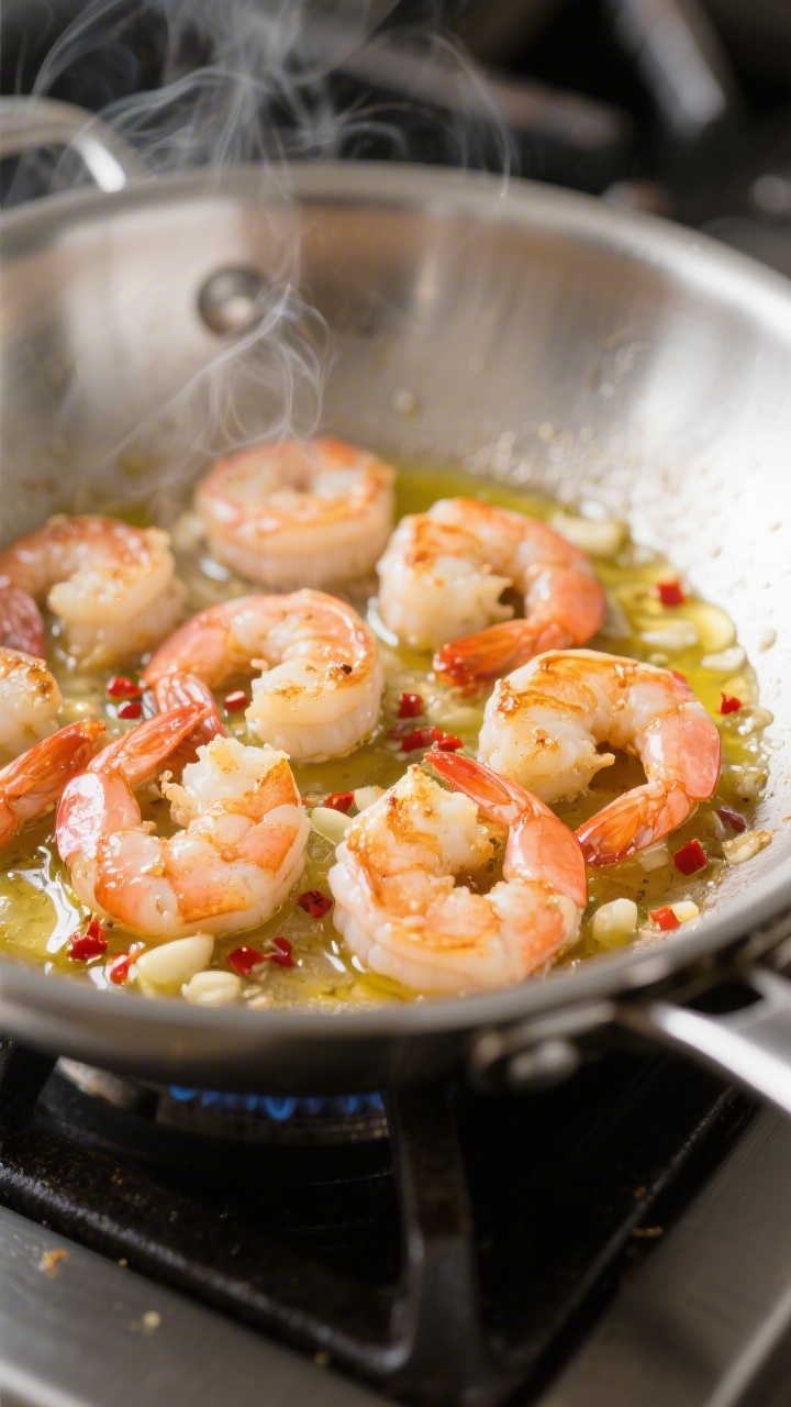 Cooking process, close-up detail: Searing shrimp scampi in a stainless steel skillet over medium-hig