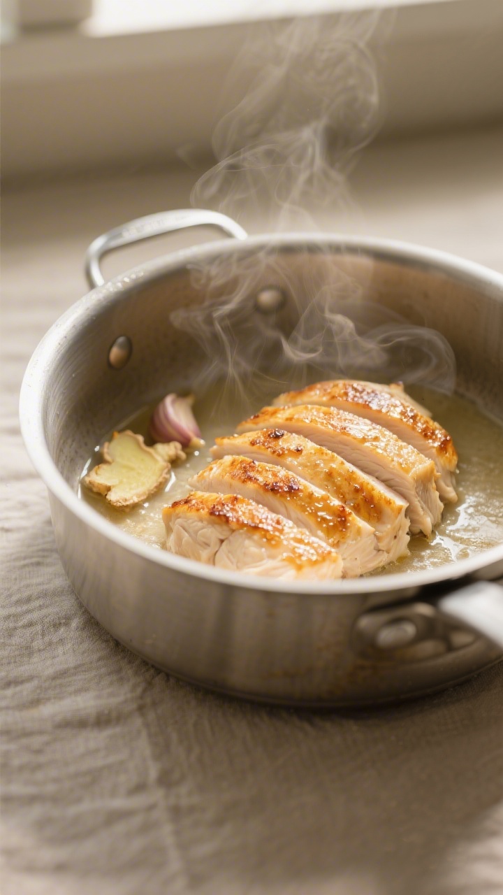 Cooking process, close-up detail: Searing thinly sliced chicken breast in a wide pot, golden-brown e
