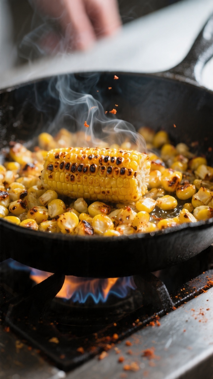 Cooking process, close-up detail: Sizzling charred corn kernels in a black cast-iron skillet, medium