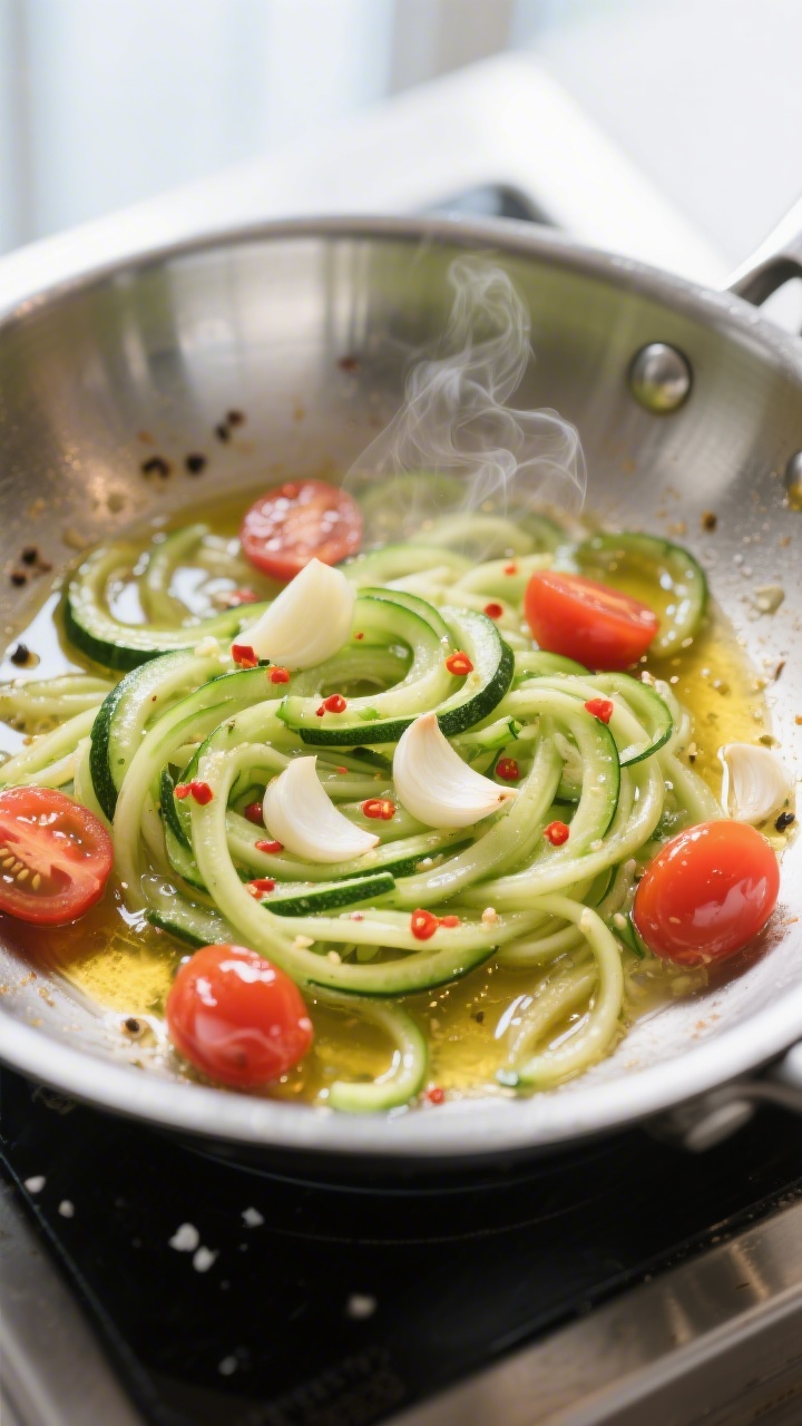 Cooking process, close-up detail: Zucchini “zoodles” sautéing in a wide stainless-steel skillet