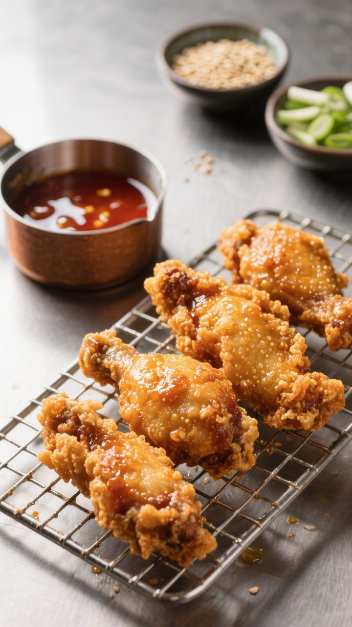 Cooking process close-up: Double-fried Korean-style chicken just lifted from hot oil on a wire rack,