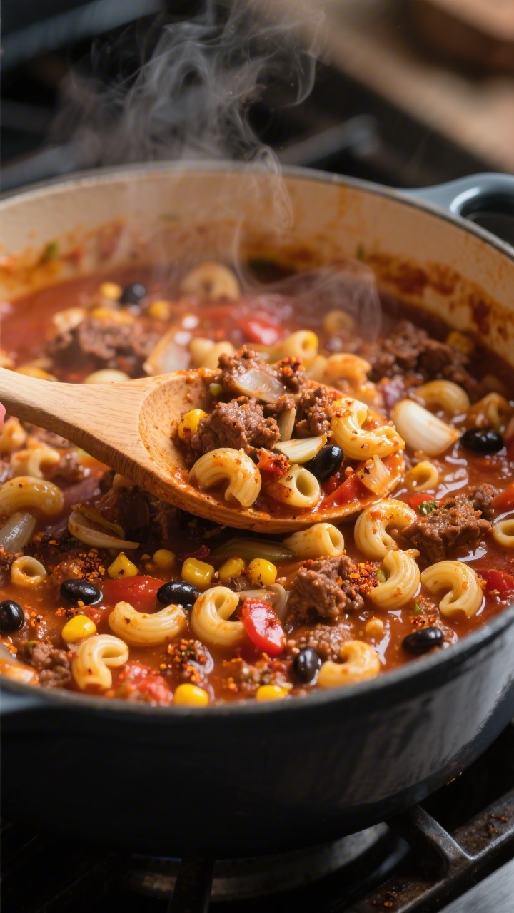 Cooking process close-up: Elbow macaroni simmering in a one-pot taco sauce with browned beef, onions