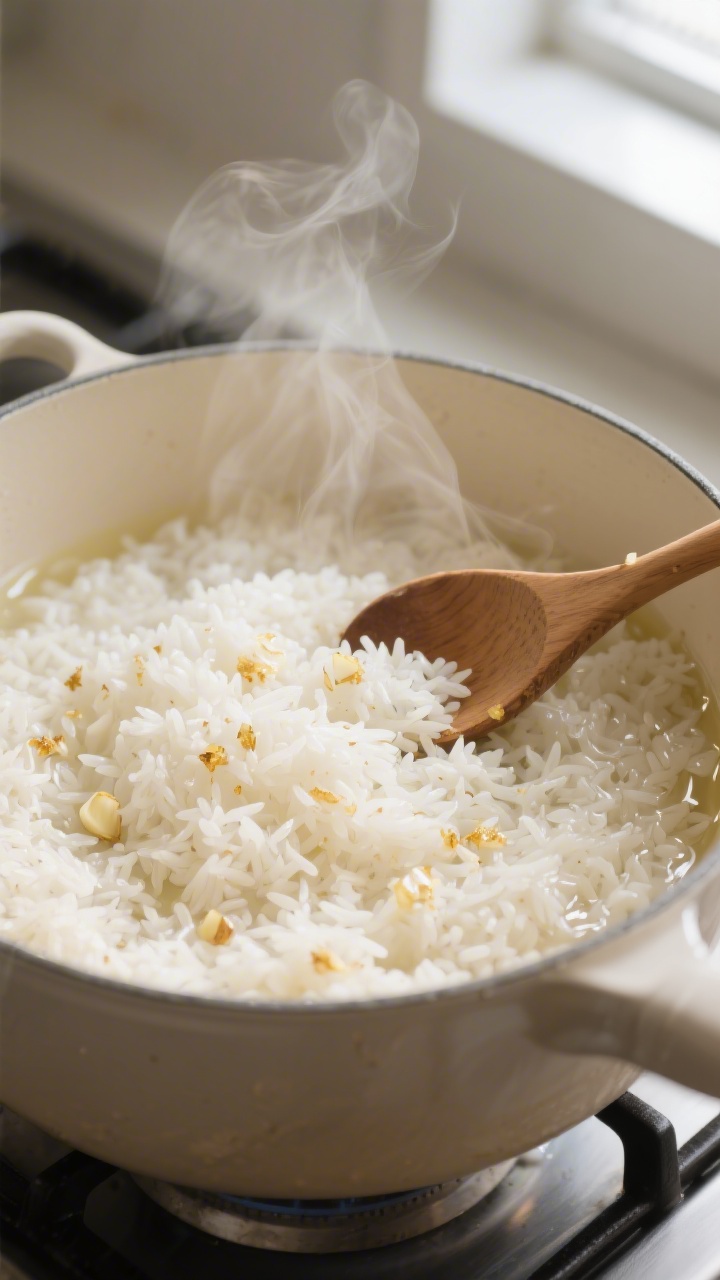 Cooking process close-up: Fluffy long-grain white rice toasting in a medium pot with a light sheen o