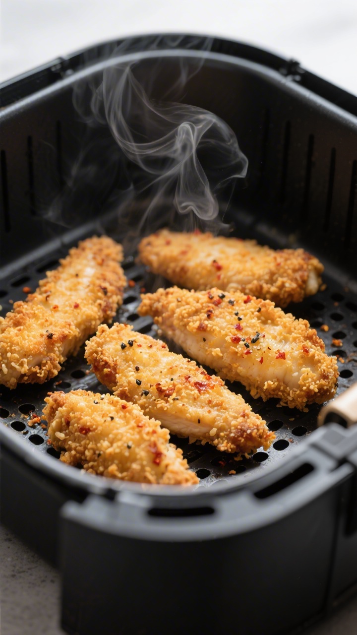 Cooking process, close-up: Golden-crisp chicken tenders sizzling in an air fryer basket at the flip 