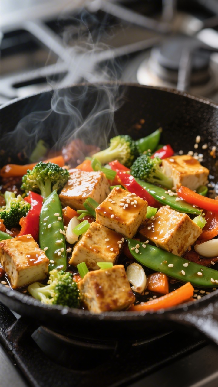 Cooking process close-up: Golden-crisp tofu cubes sizzling in a skillet with mixed stir-fry veggies