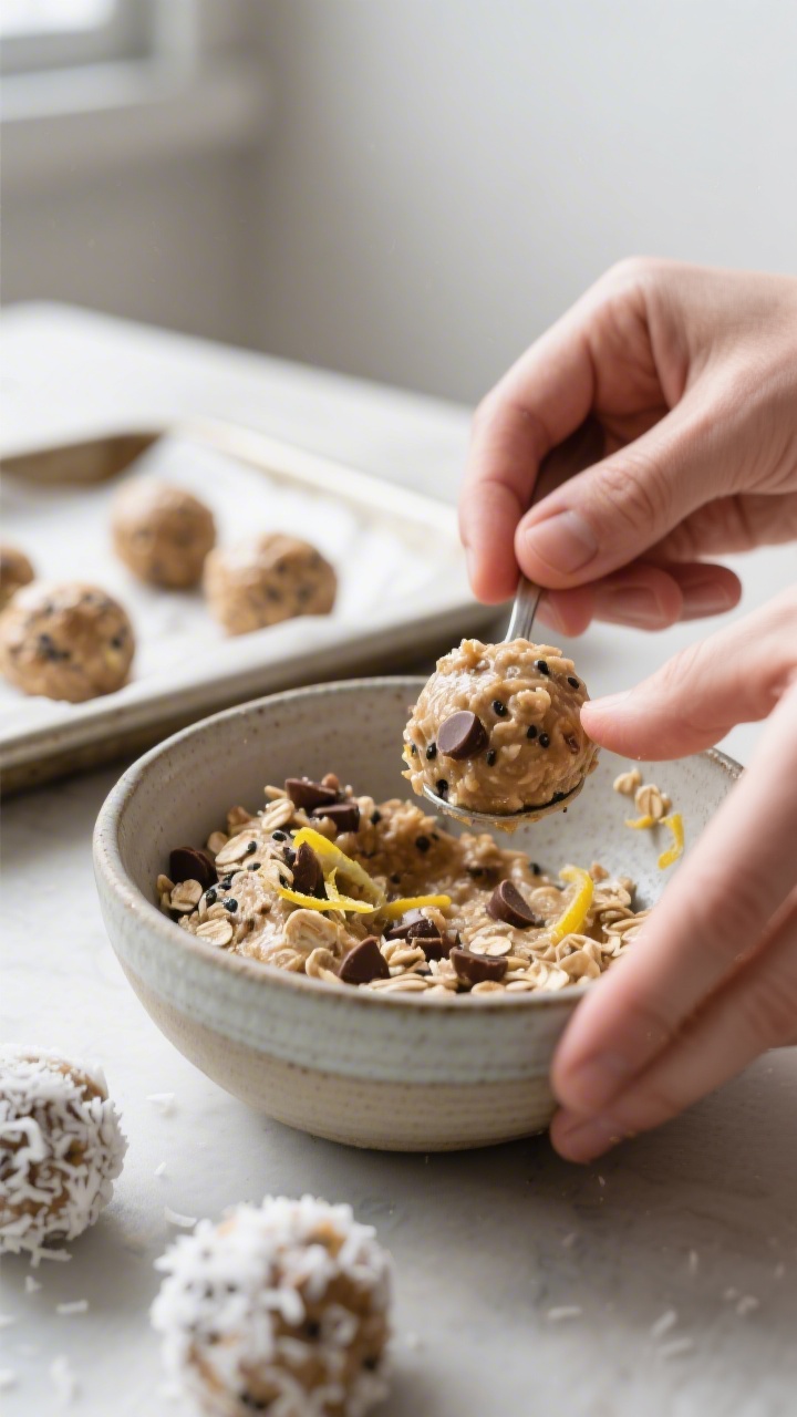 Cooking process close-up: Hands rolling tablespoon-sized vegan energy balls from a chilled, sticky o