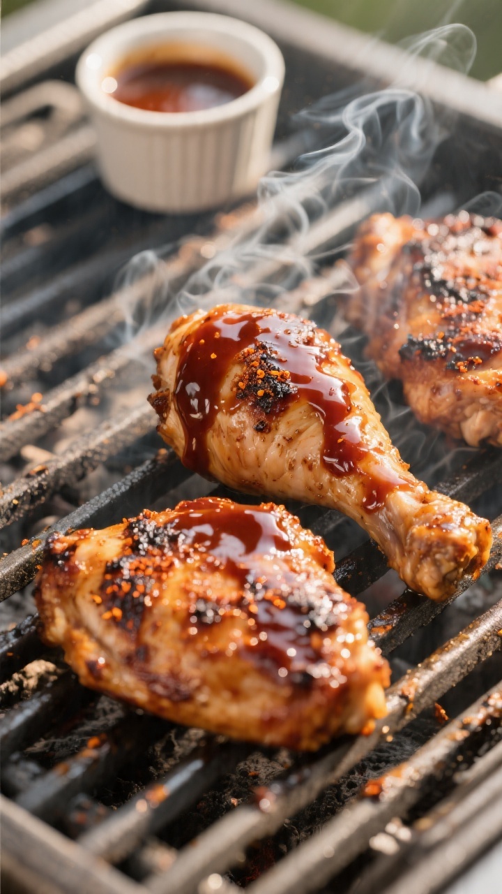 Cooking process close-up: Juicy BBQ chicken thighs on the grill, mid-glaze, with a glossy layer of m