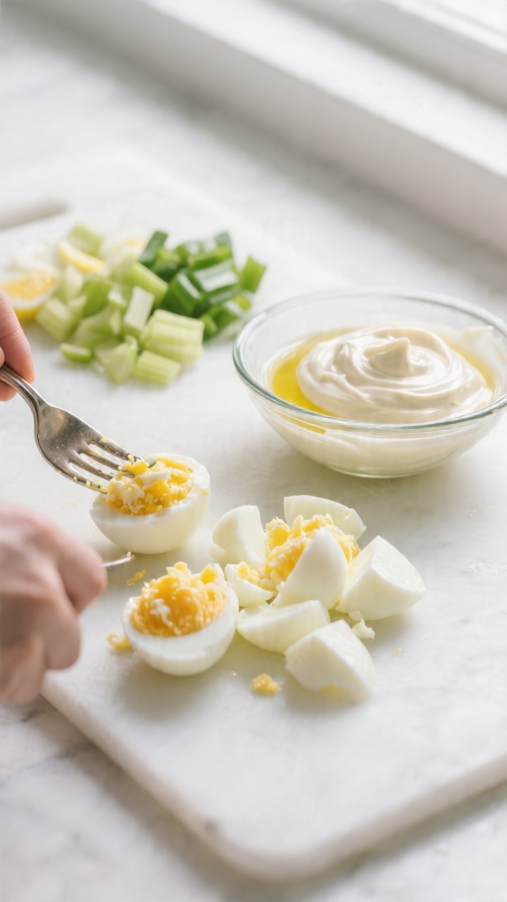 Cooking process close-up: Just-peeled hard-boiled eggs being roughly chopped on a white cutting boar