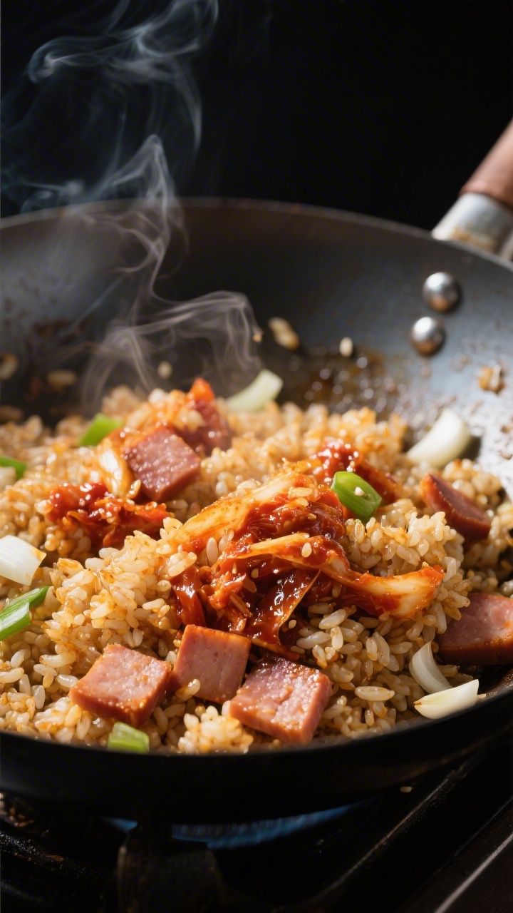Cooking process, close-up: Kimchi fried rice sizzling in a carbon steel wok, close-up of glossy, toa