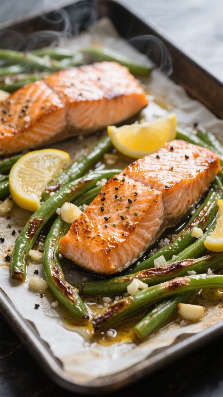 Cooking process close-up: Lemon Garlic Salmon with Green Beans roasting on a sheet pan at peak donen