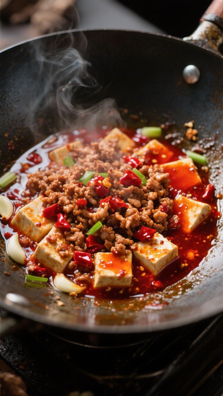 Cooking process close-up: Mapo tofu mid-cook in a wok, ground pork browned and sizzling while douban