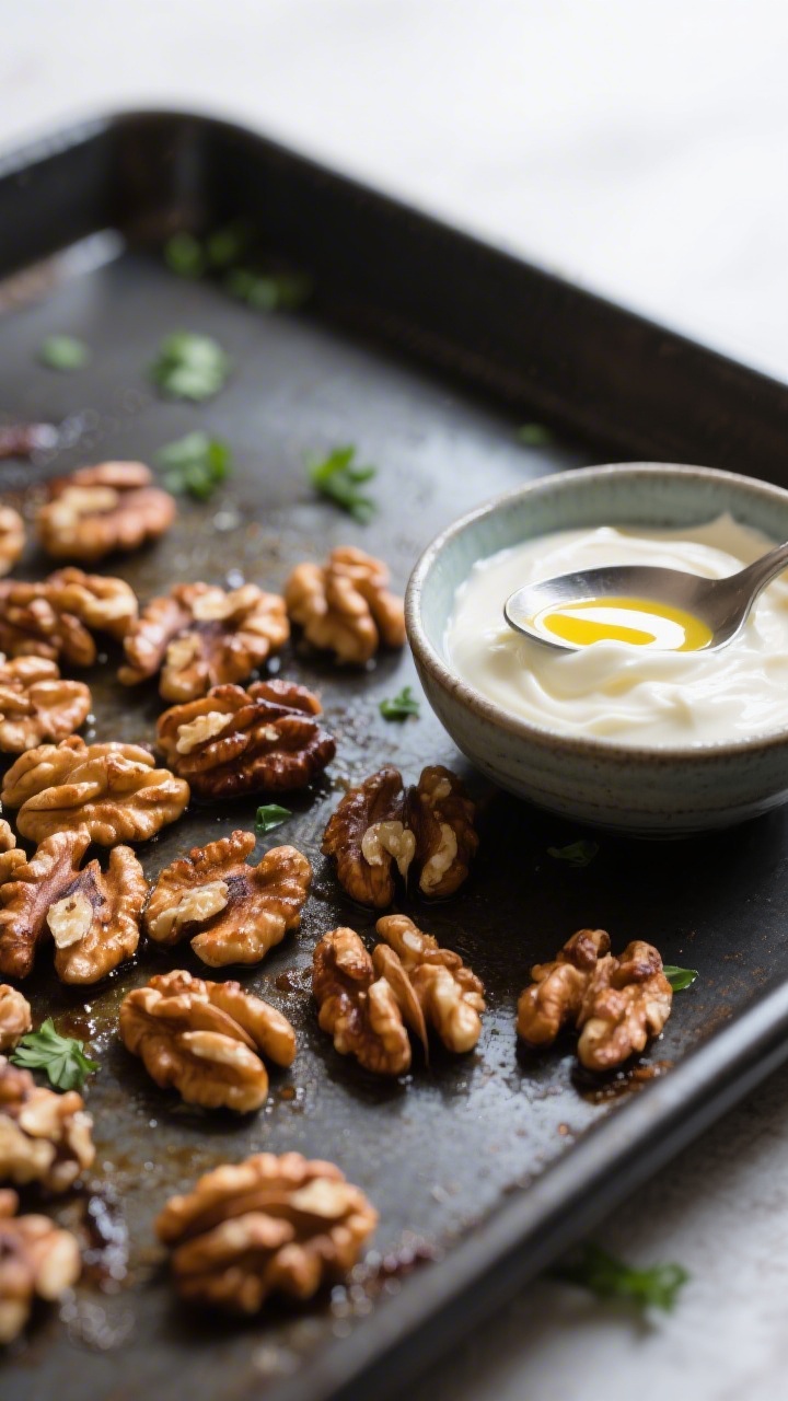 Cooking process: Close-up of freshly toasted walnuts cooling on a dark sheet pan next to a small bow