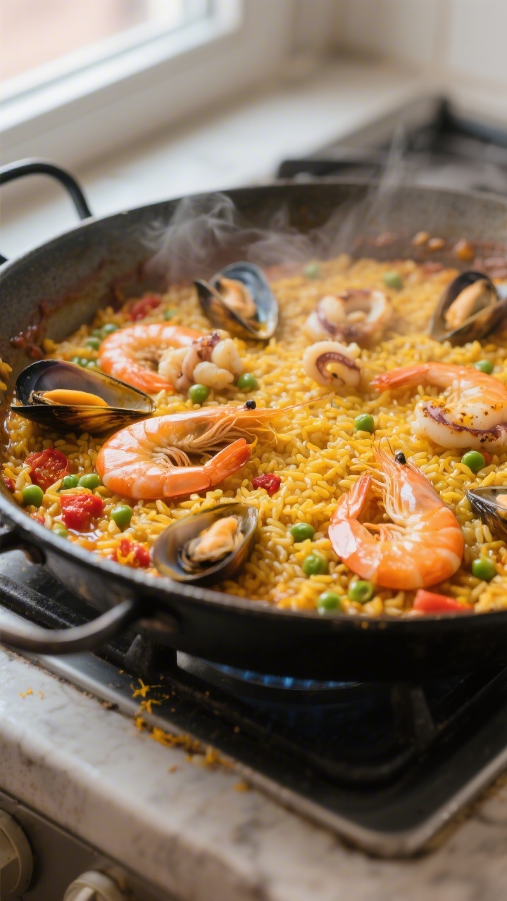 Cooking process close-up: Paella rice simmering in a wide, shallow paella pan mid-cook, no stirring,