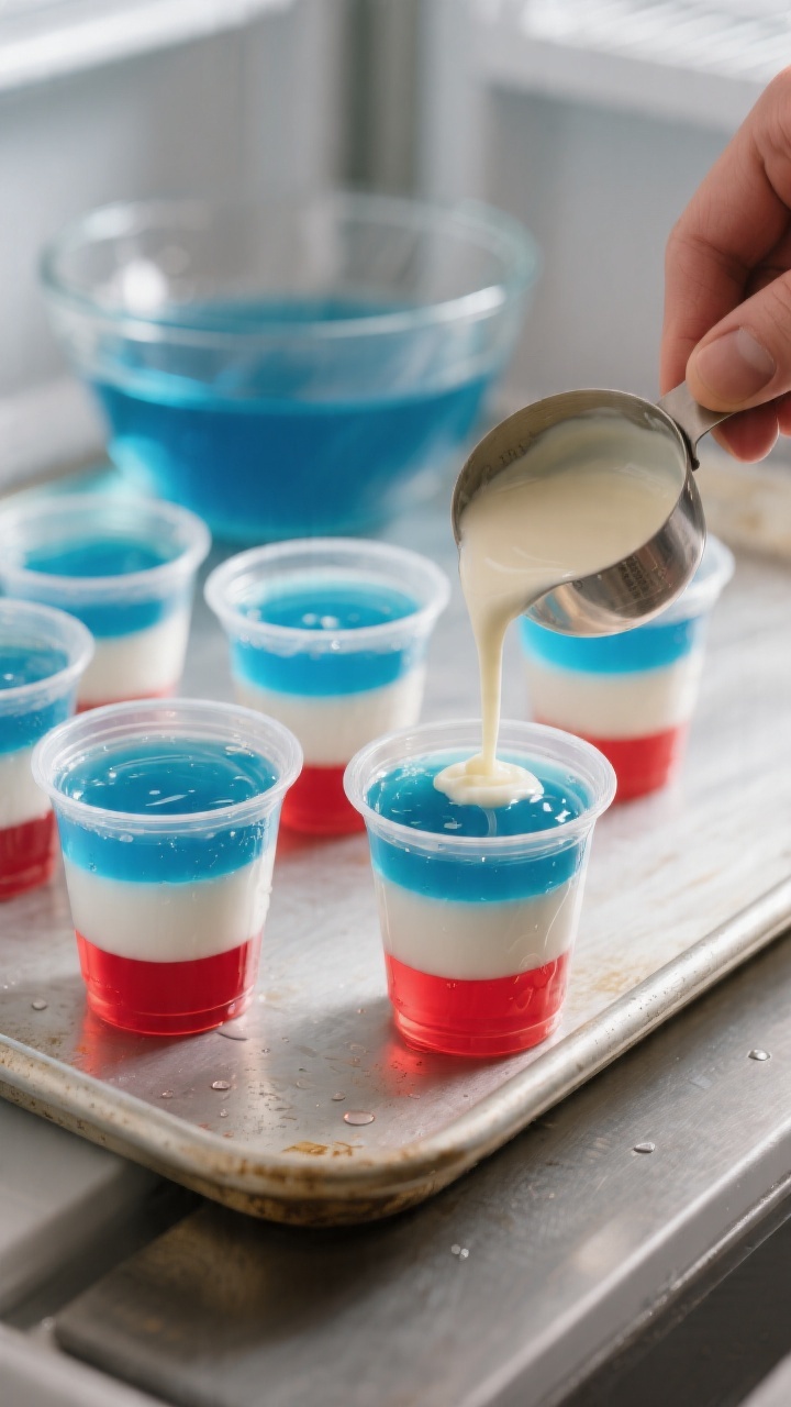Cooking process close-up: Red, white, and blue layered Jello shots in 2-ounce plastic cups setting o