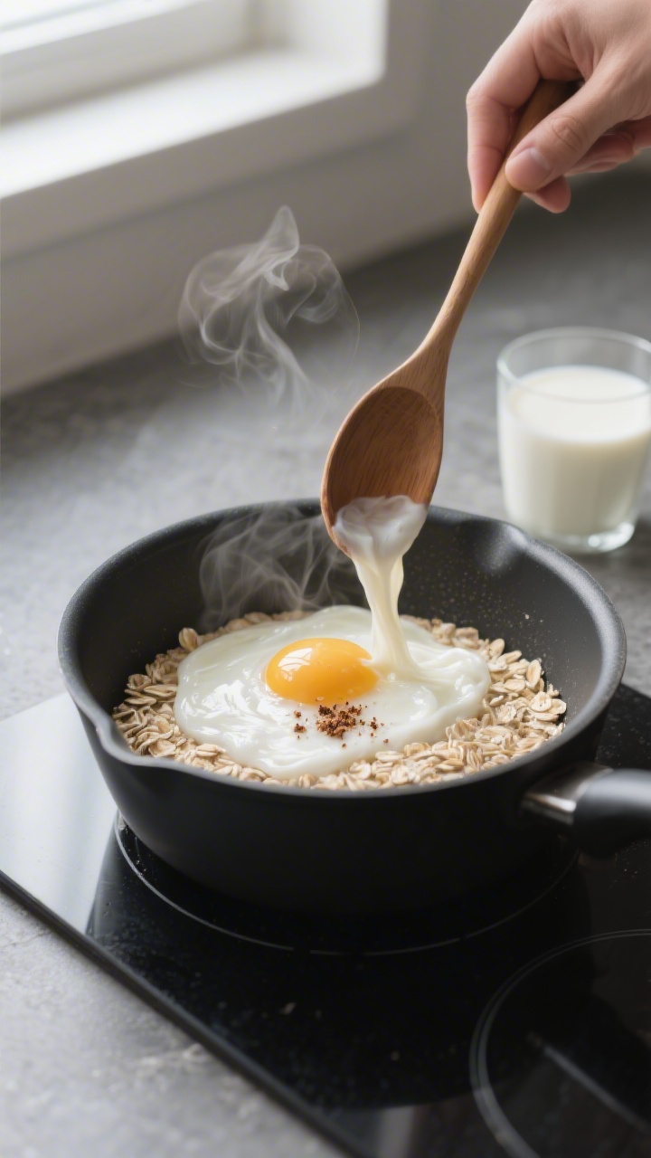 Cooking process close-up: Rolled oats simmering on the stovetop in a small matte black saucepan, hal