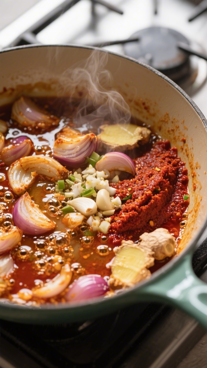 Cooking process close-up: Sautéed aromatics and curry paste blooming in a Dutch oven—softened sha
