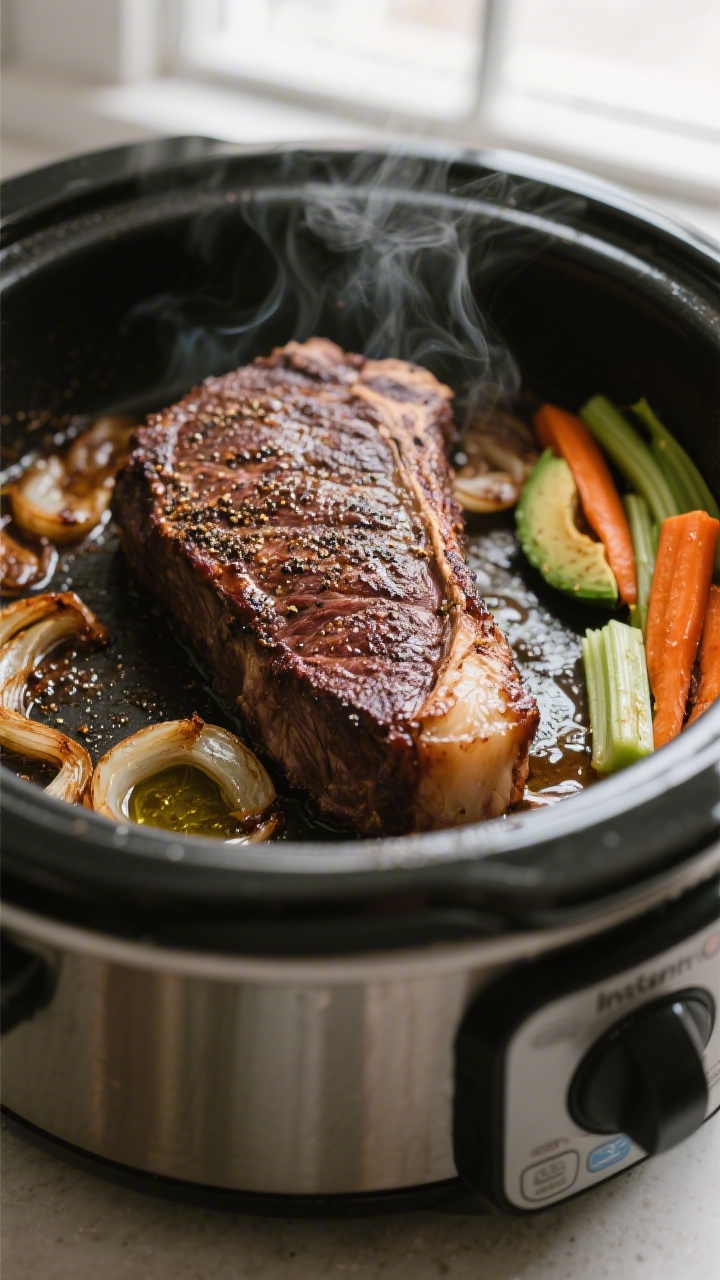 Cooking process close-up: Searing seasoned brisket in an Instant Pot on Sauté (High), surface deepl