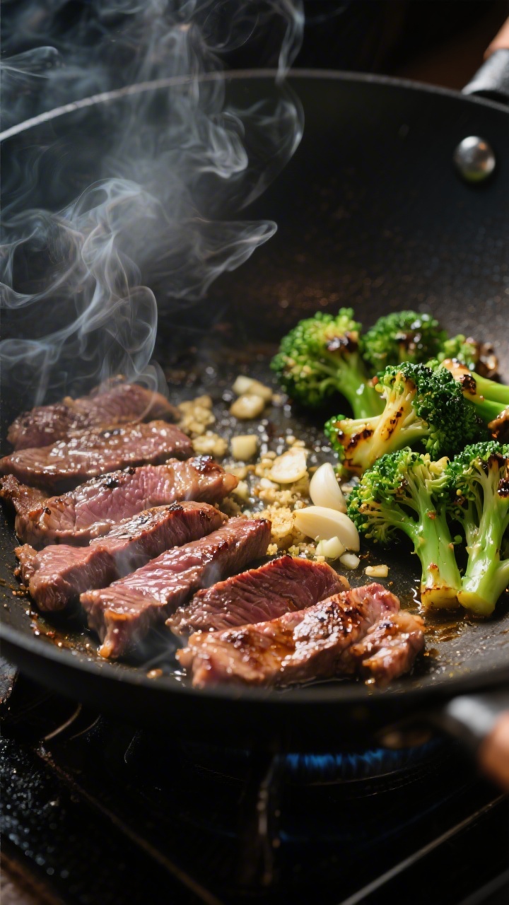 Cooking process close-up: Searing thin-sliced marinated beef in a smoking-hot wok, edges caramelized
