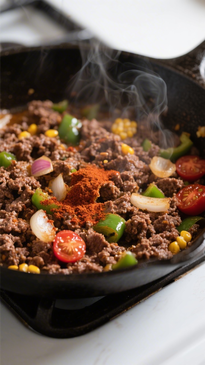 Cooking process close-up: Seasoned ground beef mixture sizzling in a skillet, fully browned and glis