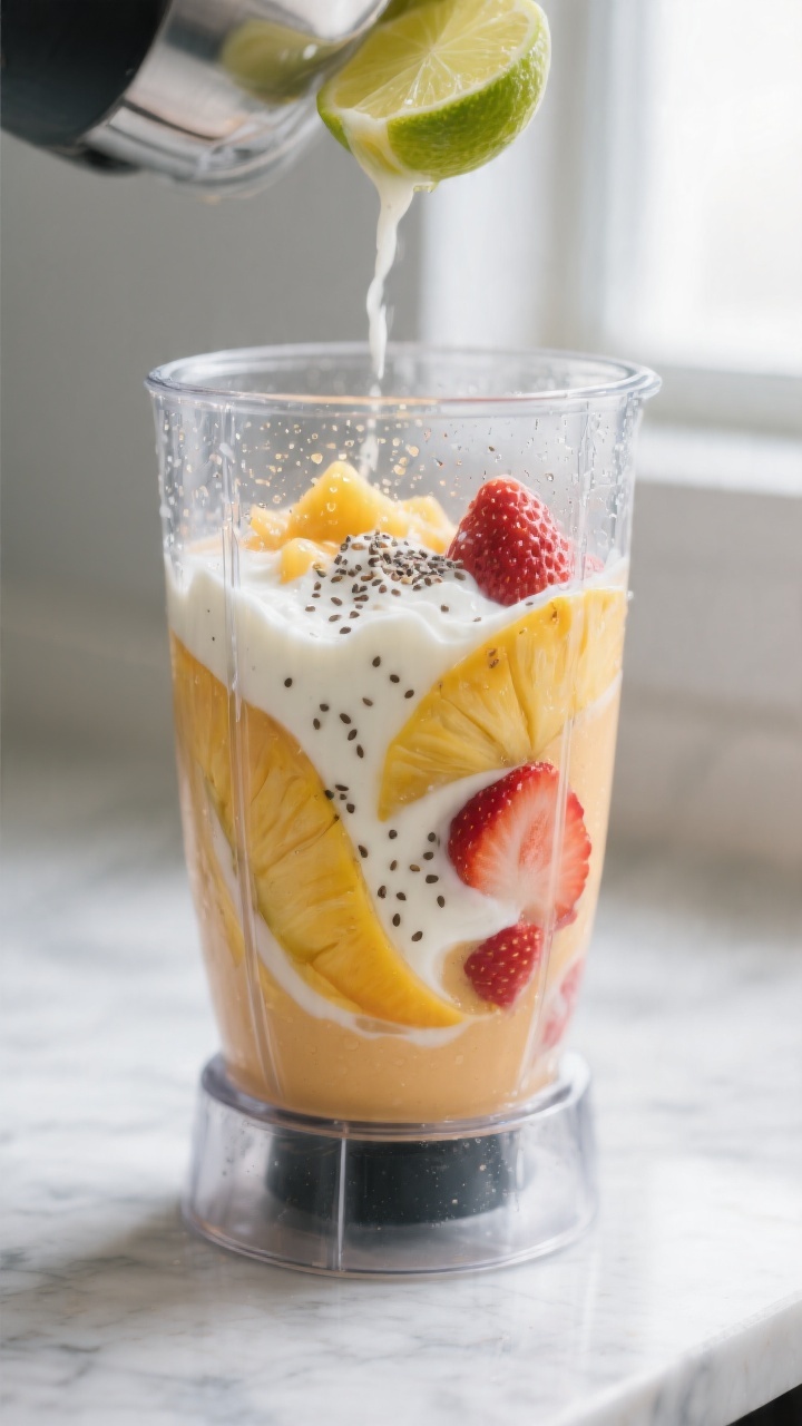 Cooking process, close-up: Silky tropical smoothie mid-blend swirling in a clear high-speed blender 