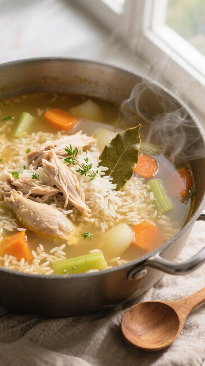 Cooking process close-up: Simmering chicken and rice soup in a wide, heavy pot, showing tender shred