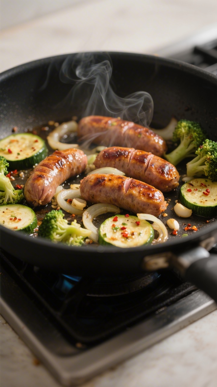 Cooking process, close-up: Sizzling sliced Italian sausage browning in a large skillet with carameli
