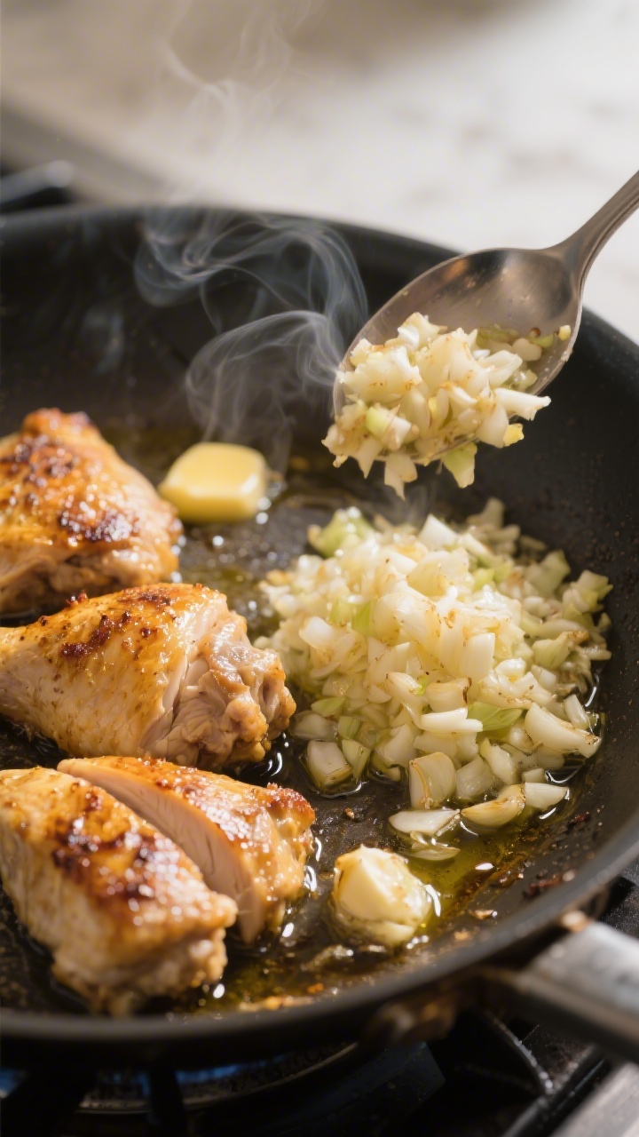 Cooking process close-up: Sliced, golden-browned chicken thighs sizzling in a wide skillet, fond on 