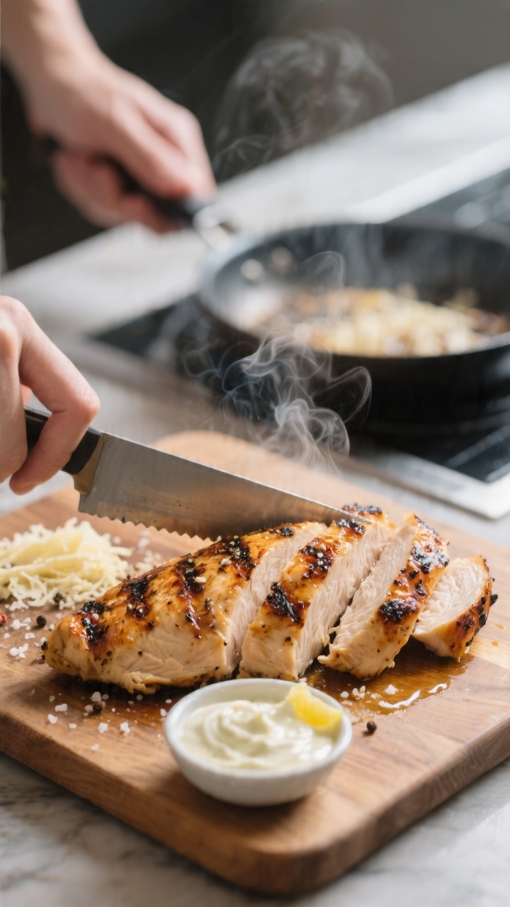 Cooking process close-up: Sliced grilled chicken breast just off the pan, juicy and lightly charred,
