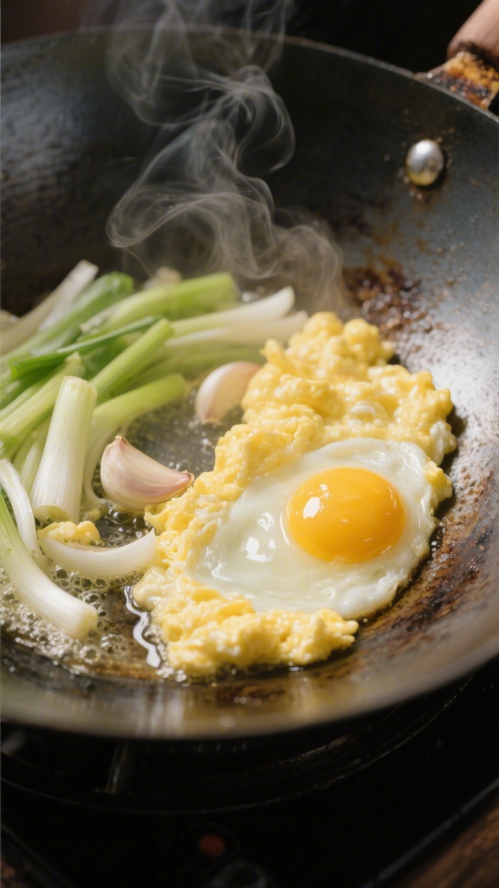 Cooking process close-up: Soft-scrambled eggs just set in a hot carbon steel wok, silky curds gliste