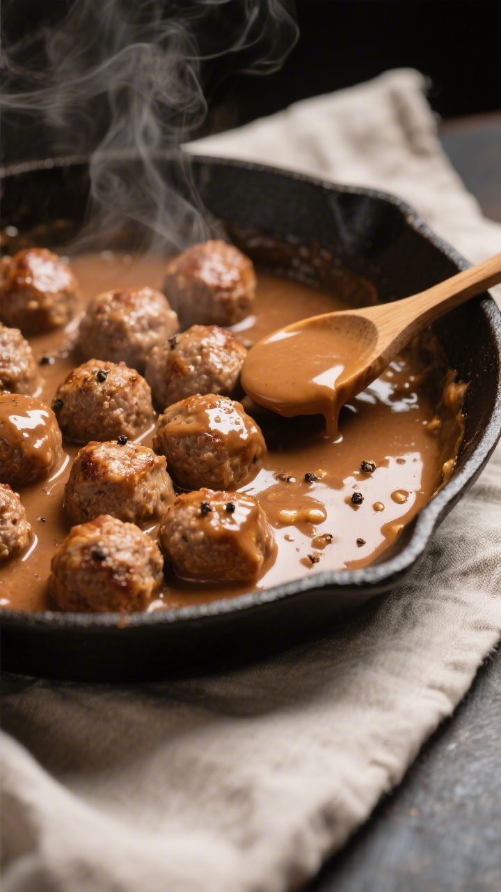 Cooking process close-up: Swedish meatballs (Köttbullar) finishing in a silky brown cream gravy in