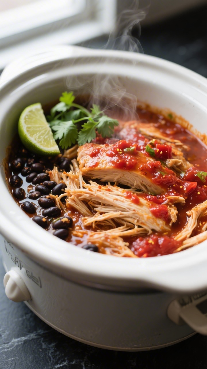 Cooking process close-up: Tender shredded salsa chicken simmering in a crockpot, coated in glossy re