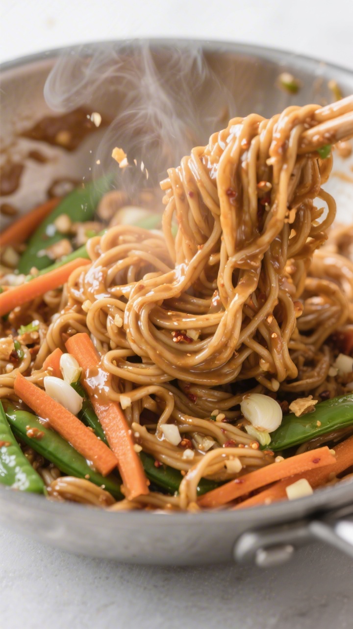 Cooking process close-up: Warm noodles being tossed with silky spicy peanut sauce in a large stainle