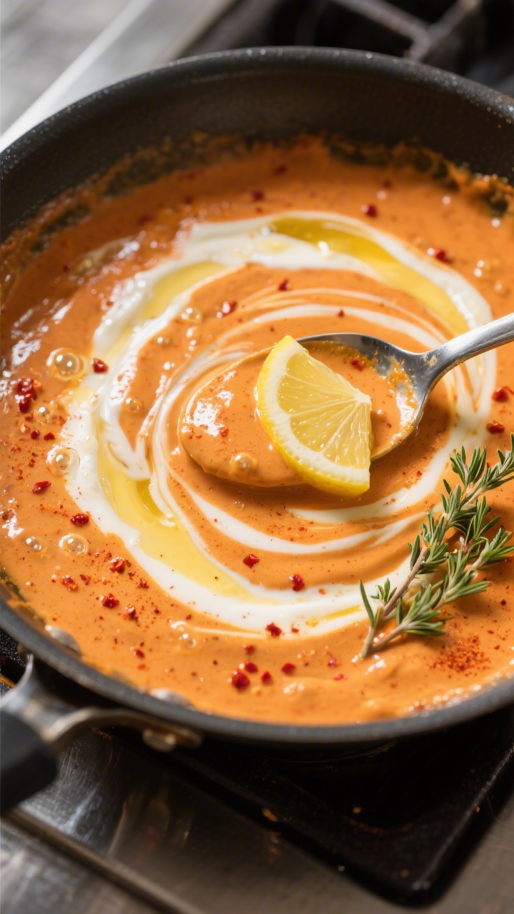 Cooking process: Creamy butter-garlic paprika sauce simmering in the skillet, velvety and thick enou