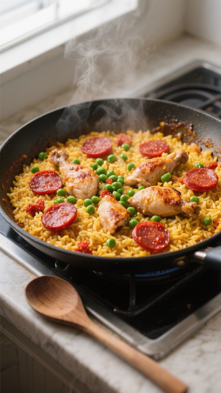 Cooking process — Developing socarrat: Wide, shallow skillet on stovetop with Chicken Chorizo Pael