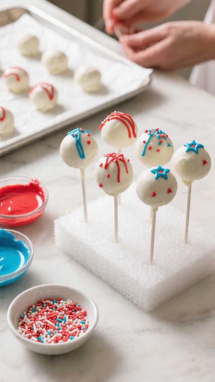 Cooking process: Freshly dipped cake pops standing upright on a foam block to set, showing neat, uni