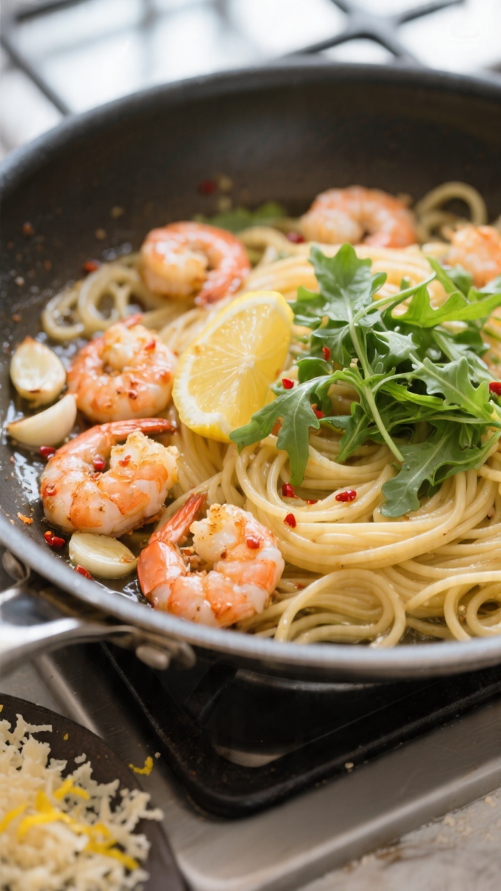 Cooking process — Garlicky Shrimp and Arugula Spaghetti: Sautéed shrimp turning pink and opaque i