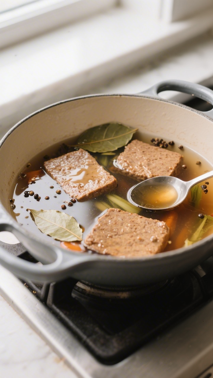 Cooking process: Gently simmering seitan cutlets in a wide pot of vegetable broth, soy splash, bay l