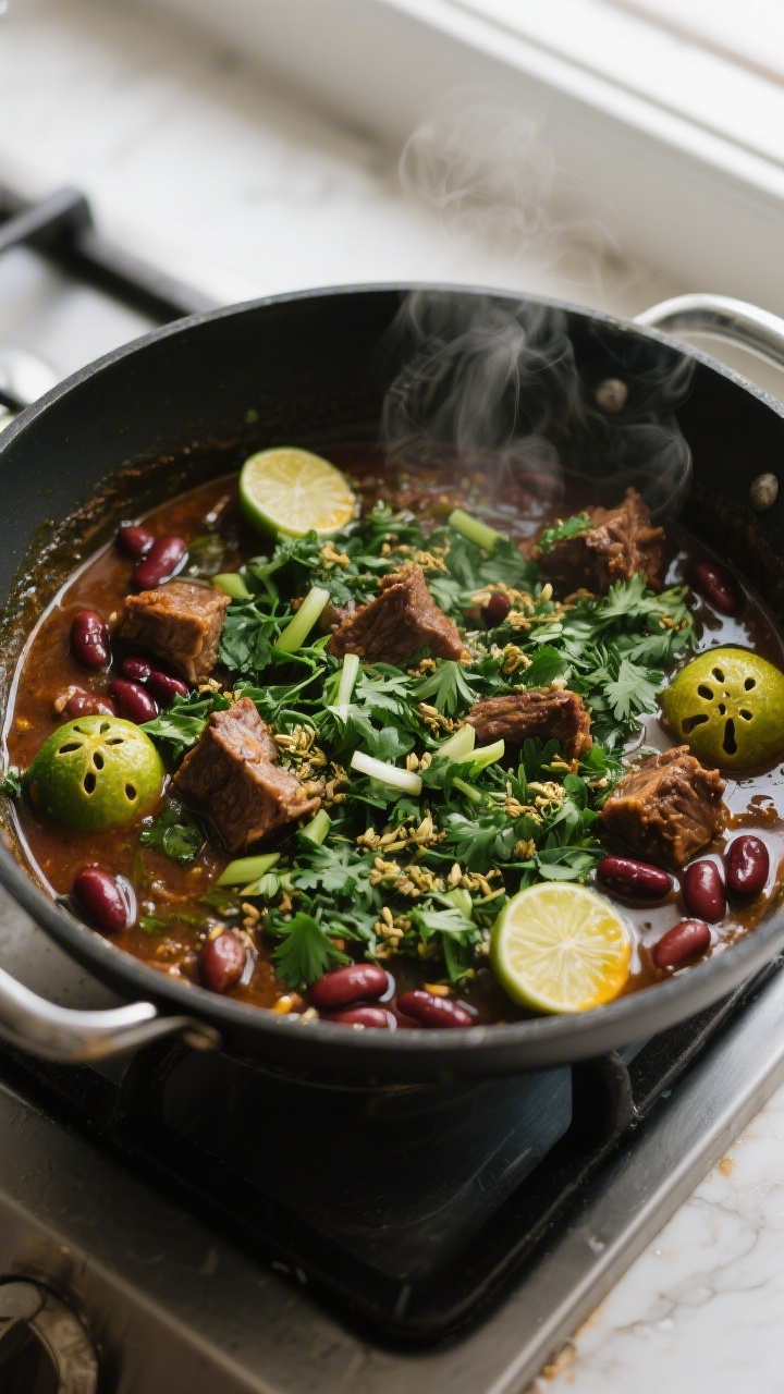 Cooking process: Ghormeh sabzi at a gentle simmer in a heavy pot—dark emerald sautéed herb mixtur