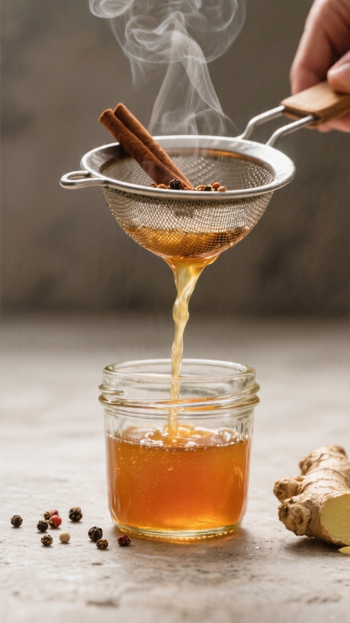 Cooking process: Ginger syrup just after straining, captured as a warm amber, crystal-clear liquid p