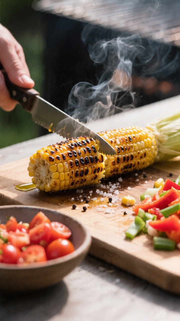 Cooking process – Grilled Corn Salad: Close-up of charred corn on the cob being sliced off the cob