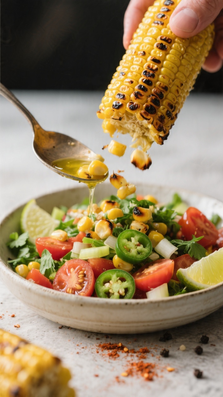 Cooking process – Grilled Corn Salad with Lime: Close-up of charred corn kernels freshly cut from 