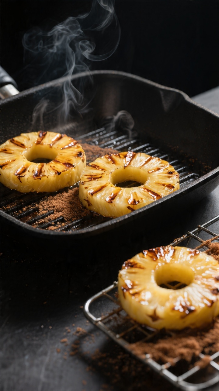 Cooking process: Grilled Pineapple in action on a hot grill pan, rings brushed with coconut oil and 
