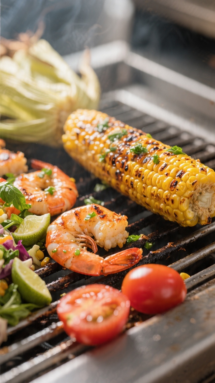 Cooking process – Grilled Shrimp and Corn Salad: Juicy shrimp with light char marks sizzling on a 