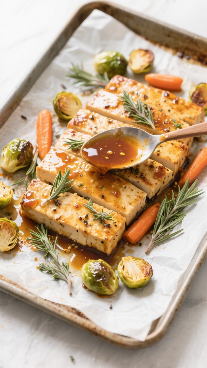 Cooking process: Herb-roasted tofu “turkey” slabs mid-roast on a parchment-lined sheet pan, over